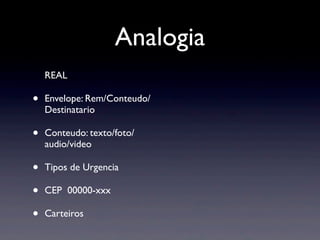 Analogia
    REAL

•   Envelope: Rem/Conteudo/
    Destinatario

•   Conteudo: texto/foto/
    audio/video

•   Tipos de Urgencia

•   CEP 00000-xxx

•   Carteiros
 