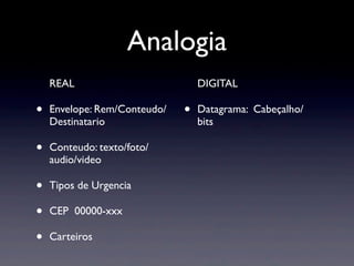 Analogia
    REAL                          DIGITAL

•   Envelope: Rem/Conteudo/   •   Datagrama: Cabeçalho/
    Destinatario                  bits

•   Conteudo: texto/foto/
    audio/video

•   Tipos de Urgencia

•   CEP 00000-xxx

•   Carteiros
 