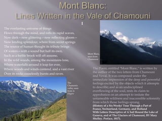I
The everlasting universe of things
Flows through the mind, and rolls its rapid waves,
Now dark—now glittering—now reflecting gloom—
Now lending splendour, where from secret springs
The source of human thought its tribute brings
Of waters—with a sound but half its own,
Such as a feeble brook will oft assume,
In the wild woods, among the mountains lone,
Where waterfalls around it leap for ever,
Where woods and winds contend, and a vast river
Over its rocks ceaselessly bursts and raves.
The
Chamonix
valley seen
from la
Flégère
The Poem, entitled "Mont Blanc," is written by
the author of the two letters from Chamouni
and Vevai. It was composed under the
immediate impression of the deep and powerful
feelings excited by the objects which it attempts
to describe; and as an undisciplined
overflowing of the soul, rests its claim to
approbation on an attempt to imitate the
untameable wildness and inaccessible solemnity
from which those feelings sprang.
(History of a Six Weeks' Tour Through a Part of
France, Switzerland, Germany, and Holland
With Letters Descriptive of A Sail Round the Lake of
Geneva, and of The Glaciers of Chamouni, BY Mary
Shelley. Preface, 1817).
Mont Blanc,
seen from
Chamouni
 