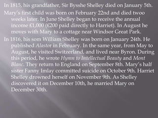 In 1815, his grandfather, Sir Bysshe Shelley died on January 5th.
Mary’s first child was born on February 22nd and died twoo
weeks later. In June Shelley began to receive the annual
income ₤1,000 (₤200 paid directly to Harriet). In August he
moves with Mary to a cottage near Windsor Great Park.
In 1816, his som William Shelley was born on January 24th. He
published Alastor in February. In the same year, from May to
August, he visited Switzerland, and lived near Byron. During
this period, he wrote Hymn to Intellectual Beauty and Mont
Blanc. They return to England on September 8th. Mary’s half
sister Fanny Imlay committed suicide on October 9th. Harriet
Shelley drowned herself on November 9th. As Shelley
discovered it on December 10th, he married Mary on
December 30th.
 
