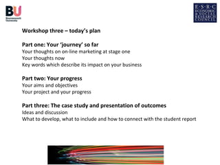 Workshop three – today’s plan

Part one: Your ‘journey’ so far
Your thoughts on on-line marketing at stage one
Your thoughts now
Key words which describe its impact on your business

Part two: Your progress
Your aims and objectives
Your project and your progress

Part three: The case study and presentation of outcomes
Ideas and discussion
What to develop, what to include and how to connect with the student report
 