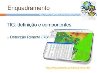 Enquadramento
TIG: definição e componentes
 Detecção Remota (RS)
http://www.aeroterra.com/eng/p-leica.htm
http://www.esribelux.com/userdays2009/
 
