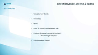 ALTERNATIVAS DE ACESSO Á DADOS
ALTERNATIVAS
• Linked Server / Dblink;
• Sinônimos;
• Query;
• Fonte de dados (campos da base RM);
• Provedor de dados (campos do Protheus);
• Documentação em anexo
• Banco de dados externo
 