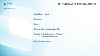 ALTERNATIVAS DE ACESSO Á DADOS
ALTERNATIVAS
• Linked Server / Dblink;
• Sinônimos;
• Query;
• Fonte de dados (campos da base RM);
• Provedor de dados (campos do Protheus);
• Documentação em anexo
• Banco de dados externo
 