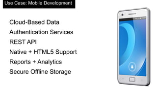 Use Case: Mobile Development
Cloud-Based Data
Authentication Services
REST API
Native + HTML5 Support
Reports + Analytics
Secure Offline Storage
 