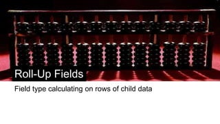 Roll-Up Fields
Field type calculating on rows of child data
 