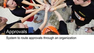 Approvals
System to route approvals through an organization
 
