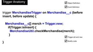 trigger MerchandiseTrigger on Merchandise__c (before
insert, before update) {
Merchandise__c[] merch = Trigger.new;
if(Trigger.isInsert) {
MerchandiseUtil.checkMerchandise(merch);
}
}
Object Definition
Event Definition
Trigger.old and new
Bulkify code




Trigger Anatomy
 
