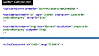 <apex:component controller="WarehouseAccountsController">
<apex:attribute name="lat" type="Decimal" description="Latitude for
geolocation query" assignTo="{!lat}”
/>
<apex:attribute name="long" type="Decimal" description="Longitude for
geolocation query" assignTo="{!lng}”
/>
<c:GeoComponent lat=”8.9991" long=”10.00119" />
Custom Components
 
