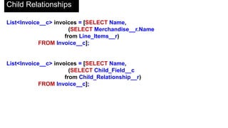 SOQL Loops
public void massUpdate() {
for (List<Contact> contacts: [SELECT FirstName, LastName
FROM Contact])
{
for(Contact c : contacts) {
if (c.FirstName == 'Barbara' &&
c.LastName == 'Gordon') {
c.LastName = 'Wayne';
}
}
update contacts;
}
}
 