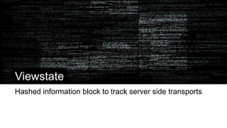 Reducing Viewstate
//Transient data that does not get sent back,
//reduces viewstate
transient String userName {get; set;}
//Static and/or private vars
//also do not become part of the viewstate
static private integer VERSION_NUMBER = 1;
 