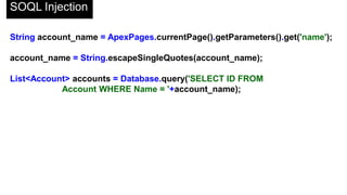 Cookies
//Cookie =
//new Cookie(String name, String value, String path,
// Integer milliseconds, Boolean isHTTPSOnly)
public PageReference setCookies() {
Cookie companyName =
new Cookie('accountName','TestCo',null,315569260,false);
ApexPages.currentPage().setCookies(new Cookie[]{companyName});
return null;
}
public String getCookieValue() {
return ApexPages.currentPage().
getCookies().get('accountName').getValue();
}
 