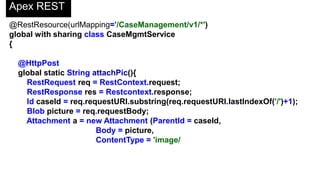 Incoming Email
global class PageHitsController implements Messaging.InboundEmailHandler {
global Messaging.InboundEmailResult handleInboundEmail(
Messaging.inboundEmail email,
Messaging.InboundEnvelope env)
{
if(email.textAttachments.size() > 0) {
Messaging.InboundEmail.TextAttachment csvDoc =
email.textAttachments[0];
PageHitsController.uploadCSVData(csvDoc.body);
}
Messaging.InboundEmailResult result = new
Messaging.InboundEmailResult();
result.success = true;
return result;
}
 