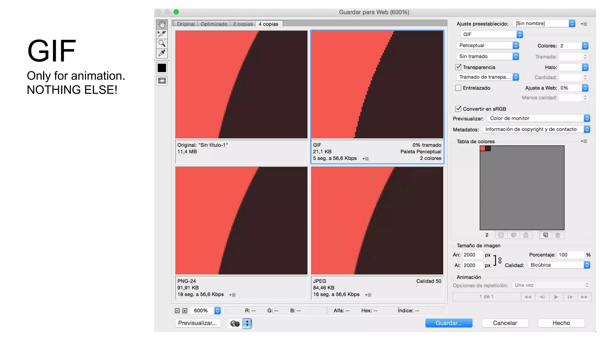 GIF
Only for animation.
NOTHING ELSE!
 