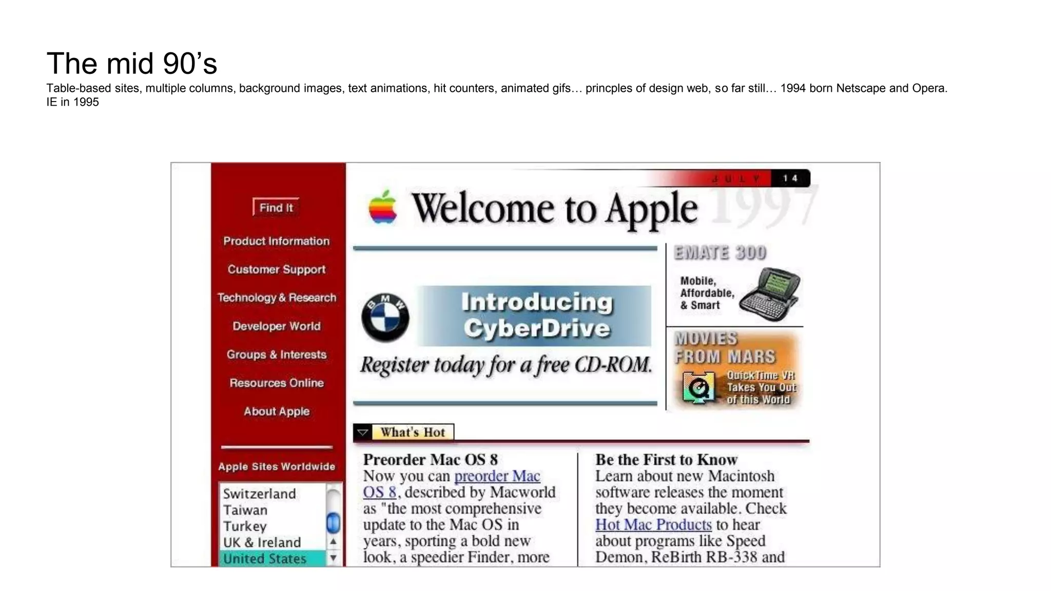 The mid 90’s
Table-based sites, multiple columns, background images, text animations, hit counters, animated gifs… princples of design web, so far still… 1994 born Netscape and Opera.
IE in 1995
 