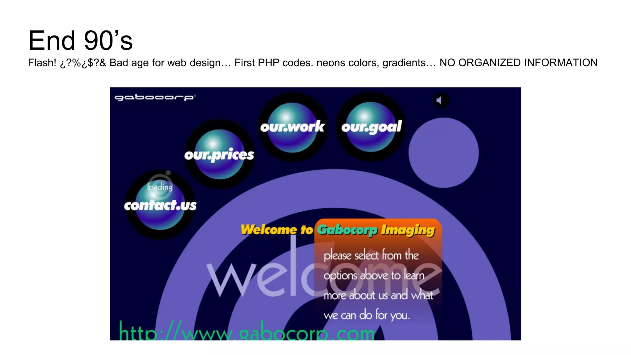 End 90’s
Flash! ¿?%¿$?& Bad age for web design… First PHP codes. neons colors, gradients… NO ORGANIZED INFORMATION
 