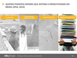 | 15©EloGroup| Todos os direitos reservados 2015
AMBIENTE DE NEGÓCIOSTECNOLOGIA
QUALIFICAÇÃO
DA MÃO DE OBRA
INFRAESTRUTURA
QUATRO POSSÍVEIS FATORES QUE AFETAM A PRODUTIVIDADE NO
BRASIL (IPEA, 2014)
 