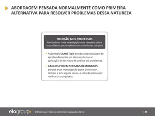 | 48©EloGroup| Todos os direitos reservados 2015
ABORDAGEM PENSADA NORMALMENTE COMO PRIMEIRA
ALTERNATIVA PARA RESOLVER PROBLEMAS DESSA NATUREZA
IMERSÃO NOS PROCESSOS
Preciso fazer uma investigação mais completa sobre
os problemas para implementar as melhores soluções
 Ação mais EXAUSTIVA devido a necessidade de
aprofundamento em diversos temas e
aplicação de técnicas de análise de problemas.
 GANHOS PODEM SER MAIS DEMORADOS
porque essa investigação pode demandar
tempo, e em alguns casos, a solução passa por
melhorias complexas.
 
