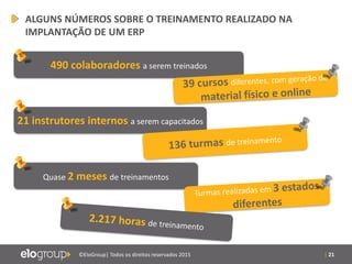 | 21©EloGroup| Todos os direitos reservados 2015
ALGUNS NÚMEROS SOBRE O TREINAMENTO REALIZADO NA
IMPLANTAÇÃO DE UM ERP
490 colaboradores a serem treinados
21 instrutores internos a serem capacitados
Quase 2 meses de treinamentos
 