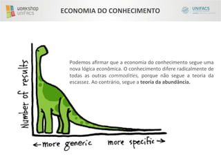 ECONOMIA	
  DO	
  CONHECIMENTO	
  




   Podemos	
  aﬁrmar	
  que	
  a	
  economia	
  do	
  conhecimento	
  segue	
  uma	
  
   nova	
  lógica	
  econômica.	
  O	
  conhecimento	
  difere	
  radicalmente	
  de	
  
   todas	
   as	
   outras	
   commodi;es,	
   porque	
   não	
   segue	
   a	
   teoria	
   da	
  
   escassez.	
  Ao	
  contrário,	
  segue	
  a	
  teoria	
  da	
  abundância.	
  
 