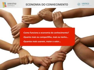 ECONOMIA	
  DO	
  CONHECIMENTO	
  




› Como	
  funciona	
  a	
  economia	
  do	
  conhecimento?	
  
› Quanto	
  mais	
  eu	
  comparKlho,	
  mais	
  eu	
  tenho…	
  
› Quantos	
  mais	
  usarem,	
  maior	
  o	
  valor…	
  
 