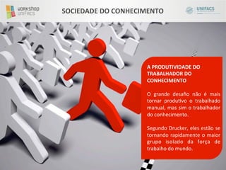 SOCIEDADE	
  DO	
  CONHECIMENTO	
  




                            A	
  PRODUTIVIDADE	
  DO	
  
                            TRABALHADOR	
  DO	
  
                            CONHECIMENTO	
  
                            	
  
                            O	
   grande	
   desaﬁo	
   não	
   é	
   mais	
  
                            tornar	
   produivo	
   o	
   trabalhado	
  
                            manual,	
  mas	
  sim	
  o	
  trabalhador	
  
                            do	
  conhecimento.	
  
                            	
  
                            Segundo	
  Drucker,	
  eles	
  estão	
  se	
  
                            tornando	
   rapidamente	
   o	
   maior	
  
                            grupo	
   isolado	
   da	
   força	
   de	
  
                            trabalho	
  do	
  mundo.	
  
 