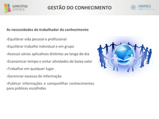 GESTÃO	
  DO	
  CONHECIMENTO	
  



As	
  necessidades	
  do	
  trabalhador	
  do	
  conhecimento	
  
	
  
› Equilibrar	
  vida	
  pessoal	
  e	
  proﬁssional	
  
› Equilibrar	
  trabalho	
  individual	
  e	
  em	
  grupo	
  
› Acessar	
  vários	
  aplicaivos	
  disintos	
  ao	
  longo	
  do	
  dia	
  
› Economizar	
  tempo	
  e	
  evitar	
  aividades	
  de	
  baixo	
  valor	
  
› Trabalhar	
  em	
  qualquer	
  lugar	
  
› Gerenciar	
  excesso	
  de	
  informação	
  
› Publicar	
   informações	
   e	
   comparilhar	
   conhecimentos	
  
para	
  públicos	
  escolhidos	
  
	
  
	
  
 