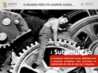 O	
  MUNDO	
  NÃO	
  FOI	
  SEMPRE	
  ASSIM...	
  




                         › 	
  SubsKtuição	
  	
  
                          	
  
                          A	
  revolução	
  industrial	
  trouxe	
  agilidade	
  para	
  
                          o	
   processo	
   produKvo,	
   mas	
   acarretou	
   na	
  
                          subsKtuição	
  da	
  mão	
  de	
  obra	
  por	
  máquinas.	
  
                          	
  
                          	
  
 