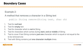 Boundary Cases
Example 2:
A method that removes a character in a String text
public String remove(String text, char ch)
1. Test for null text
2. Test for empty text
3. Test for character which is not in String
4. Test for characters which comes during start, end or middle of String
5. Test to cover if text String contains just one character which is equal or not equal to the
to be removed one
6. Test with String contains just one character multiple times
 