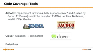 Code Coverage: Tools
JaCoCo: replacement for Emma, fully supports Java 7 and 8, used by
Sonar, EclEmma(used to be based on EMMA), Jenkins, Netbeans,
IntelliJ IDEA, Gradle
Clover: Atlassian → commercial
Cobertura
 