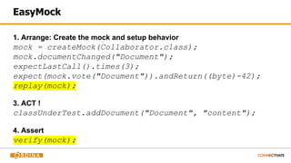 EasyMock
1. Arrange: Create the mock and setup behavior
mock = createMock(Collaborator.class);
mock.documentChanged("Document");
expectLastCall().times(3);
expect(mock.vote("Document")).andReturn((byte)-42);
replay(mock);
3. ACT !
classUnderTest.addDocument("Document", "content");
4. Assert
verify(mock);
 