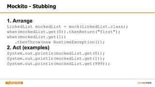 Mockito - Stubbing
1. Arrange
LinkedList mockedList = mock(LinkedList.class);
when(mockedList.get(0)).thenReturn("first");
when(mockedList.get(1))
.thenThrow(new RuntimeException());
2. Act (examples)
System.out.println(mockedList.get(0));
System.out.println(mockedList.get(1));
System.out.println(mockedList.get(999));
 