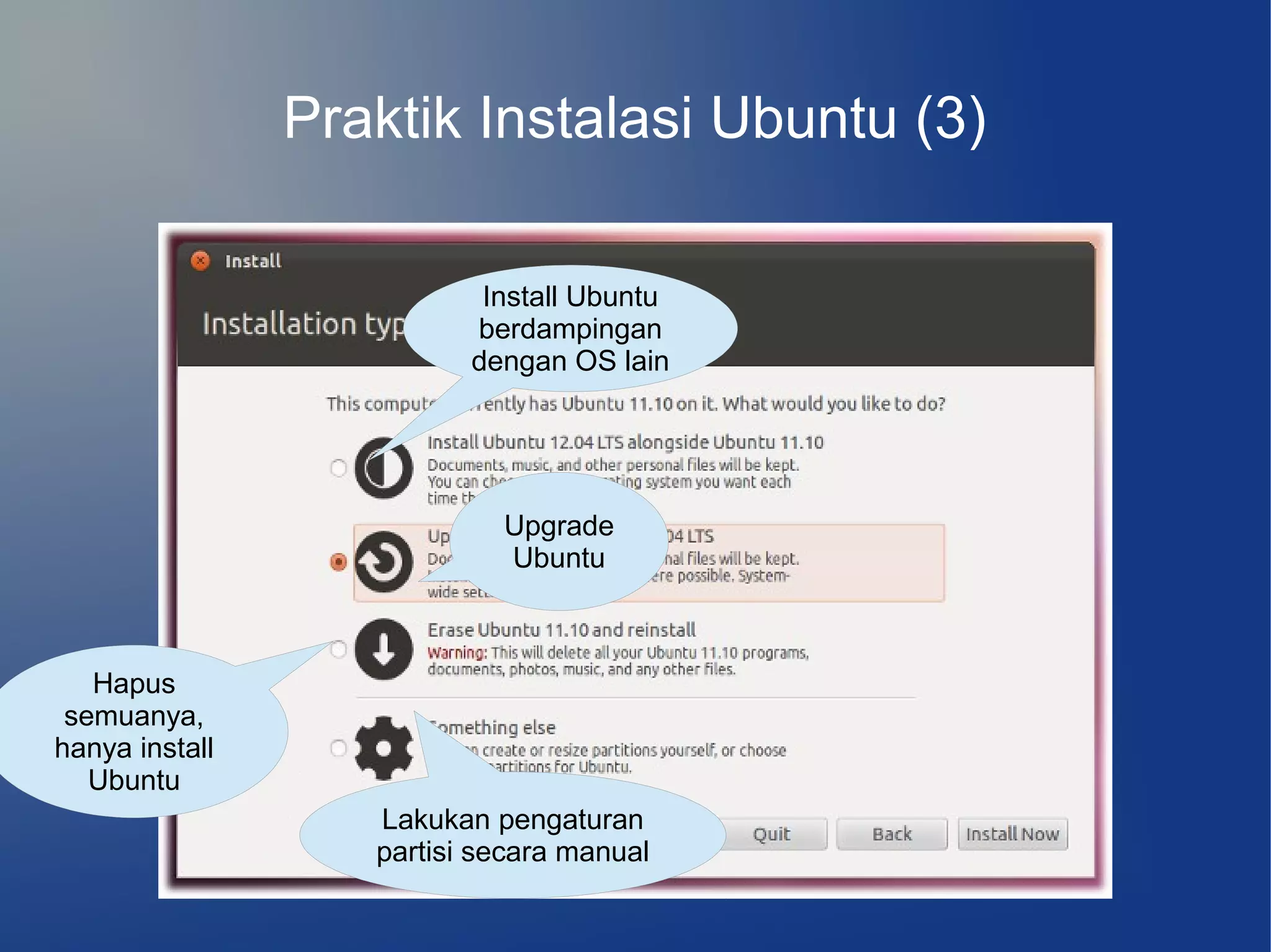 Praktik Instalasi Ubuntu (3)

                           Install Ubuntu
                          berdampingan
                          dengan OS lain




                            Upgrade
                            Ubuntu



   Hapus
 semuanya,
hanya install
   Ubuntu
                   Lakukan pengaturan
                   partisi secara manual
 