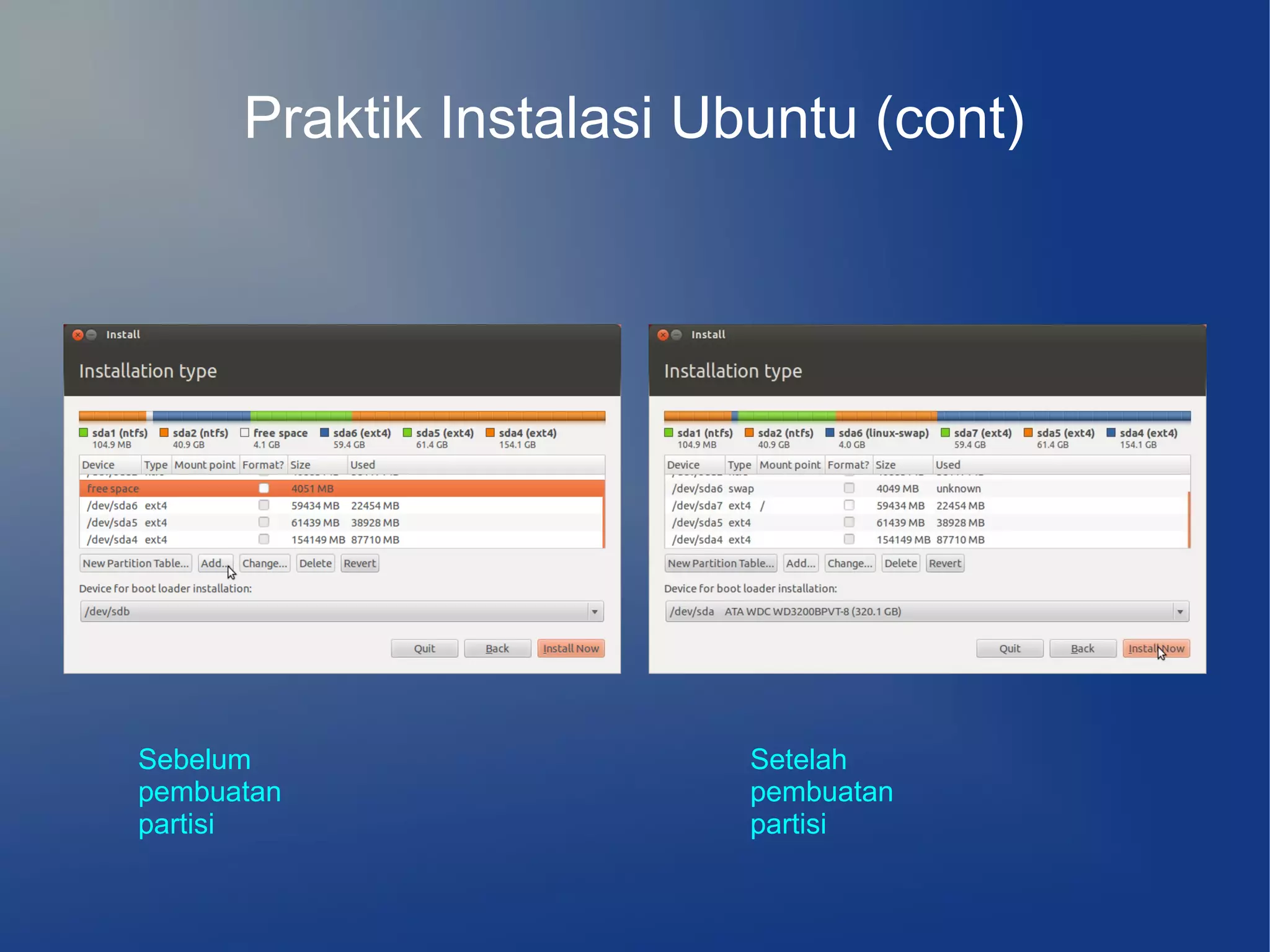 Praktik Instalasi Ubuntu (cont)




Sebelum                   Setelah
pembuatan                 pembuatan
partisi                   partisi
 