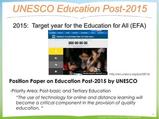 UNESCO Education Post-2015
Position Paper on Education Post-2015 by UNESCO
-Priority Area: Post-basic and Tertiary Education
“The use of technology for online and distance learning will
become a critical component in the provision of quality
education. “
Copyright © 2015 CCC-TIES All rights reserved.
6
http://en.unesco.org/post2015/
2015: Target year for the Education for All (EFA)
 