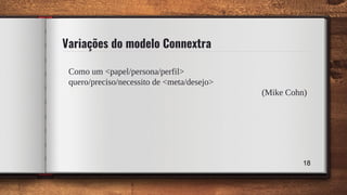 Variações do modelo Connextra
Como um <papel/persona/perfil>
quero/preciso/necessito de <meta/desejo>
(Mike Cohn)
18
 