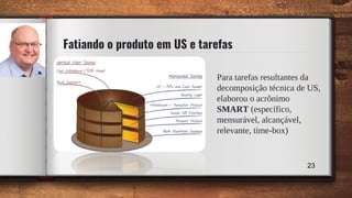 Fatiando o produto em US e tarefas
Para tarefas resultantes da
decomposição técnica de US,
elaborou o acrônimo
SMART (específico,
mensurável, alcançável,
relevante, time-box)
23
 