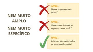 HMW…
Tornar as pessoas mais
felizes?
HMW…
Mudar a cor do botão de
pagamento para verde?
HMW…
Informar os usuários sobre
as novas conﬁgurações?
NEM MUITO
AMPLO
NEM MUITO
ESPECÍFICO
 