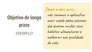 Daqui a dois anos...
nós seremos o aplicativo
mais usado pelas pessoas
que querem mudar seus
hábitos alimentares e
melhorar sua qualidade
de vida.
Objetivo de longo
prazo
EXEMPLO
 