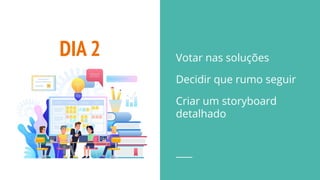 DIA 2 Votar nas soluções
Decidir que rumo seguir
Criar um storyboard
detalhado
 