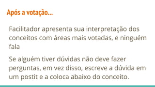 Após a votação...
Facilitador apresenta sua interpretação dos
conceitos com áreas mais votadas, e ninguém
fala
Se alguém tiver dúvidas não deve fazer
perguntas, em vez disso, escreve a dúvida em
um postit e a coloca abaixo do conceito.
 