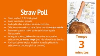 Straw Poll
● Todos recebem 1 dot stick grande
● Anota suas iniciais nos dots
● Anda pela sala e analisa as ideias dos conceitos
● Seleciona um conceito ou parte de um conceito em sua mente
● Escreve no postit as razões por ter selecionado aquela
ideia/conceito
● Ao esgotar o tempo,todos colam seus dots nos conceitos
selecionados,ao mesmo tempo (para não inﬂuenciar os demais)
● Cada participante explica ao decisor as razões pelas quais
selecionou tal conceito (pitch de 1 minuto)
Tempo
3
minutos
 