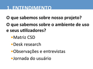O	
  que	
  sabemos	
  sobre	
  nosso	
  projeto?	
  
O	
  que	
  sabemos	
  sobre	
  o	
  ambiente	
  de	
  uso	
  
e	
  seus	
  u6lizadores?	
  
• Matriz	
  CSD	
  
• Desk	
  research	
  
• Observações	
  e	
  entrevistas	
  
• Jornada	
  do	
  usuário	
  
1.	
  ENTENDIMENTO	
  
 