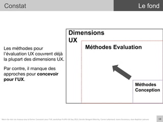 Constat
Les méthodes pour
l’évaluation UX couvrent déjà
la plupart des dimensions UX. 
Dimensions
UX
Méthodes Evaluation
Méthodes
Conception
Le fond
Par contre, il manque des
approches pour concevoir
pour l’UX.
18	
  Merci	
  de	
  citer	
  ces	
  travaux	
  sous	
  la	
  forme:	
  Concevoir	
  pour	
  l'UX,	
  workshop	
  FLUPA	
  UX-­‐Day	
  2013,	
  KersIn	
  Bongard-­‐Blanchy,	
  Carine	
  Lallemand,	
  Ioana	
  Ocnarescu,	
  Jean-­‐BapIste	
  Labrune	
  
 