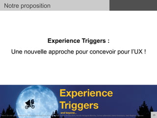 19	
  
Experience Triggers :
Une nouvelle approche pour concevoir pour l’UX !
Notre proposition
Merci	
  de	
  citer	
  ces	
  travaux	
  sous	
  la	
  forme:	
  Concevoir	
  pour	
  l'UX,	
  workshop	
  FLUPA	
  UX-­‐Day	
  2013,	
  KersIn	
  Bongard-­‐Blanchy,	
  Carine	
  Lallemand,	
  Ioana	
  Ocnarescu,	
  Jean-­‐BapIste	
  Labrune	
  
 