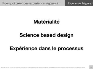 Matérialité

Science based design

Expérience dans le processus


Pourquoi créer des experience triggers ?
21	
  Merci	
  de	
  citer	
  ces	
  travaux	
  sous	
  la	
  forme:	
  Concevoir	
  pour	
  l'UX,	
  workshop	
  FLUPA	
  UX-­‐Day	
  2013,	
  KersIn	
  Bongard-­‐Blanchy,	
  Carine	
  Lallemand,	
  Ioana	
  Ocnarescu,	
  Jean-­‐BapIste	
  Labrune	
  
Experience Triggers
 
