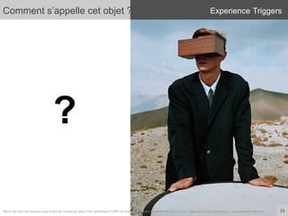 25	
  
?
Merci	
  de	
  citer	
  ces	
  travaux	
  sous	
  la	
  forme:	
  Concevoir	
  pour	
  l'UX,	
  workshop	
  FLUPA	
  UX-­‐Day	
  2013,	
  KersIn	
  Bongard-­‐Blanchy,	
  Carine	
  Lallemand,	
  Ioana	
  Ocnarescu,	
  Jean-­‐BapIste	
  Labrune	
  
Experience TriggersComment s’appelle cet objet ?
 