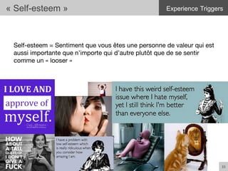 Self-esteem = Sentiment que vous êtes une personne de valeur qui est
aussi importante que n’importe qui d’autre plutôt que de se sentir
comme un « looser »
« Self-esteem »
33	
  
Experience Triggers
 