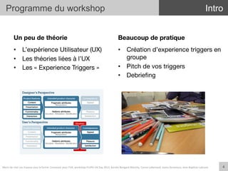 Un peu de théorie
•  L’expérience Utilisateur (UX)
•  Les théories liées à l’UX
•  Les « Experience Triggers »
Beaucoup de pratique
•  Création d’experience triggers en
groupe
•  Pitch de vos triggers
•  Debrieﬁng
Programme du workshop
4	
  
Intro
Merci	
  de	
  citer	
  ces	
  travaux	
  sous	
  la	
  forme:	
  Concevoir	
  pour	
  l'UX,	
  workshop	
  FLUPA	
  UX-­‐Day	
  2013,	
  KersIn	
  Bongard-­‐Blanchy,	
  Carine	
  Lallemand,	
  Ioana	
  Ocnarescu,	
  Jean-­‐BapIste	
  Labrune	
  
 