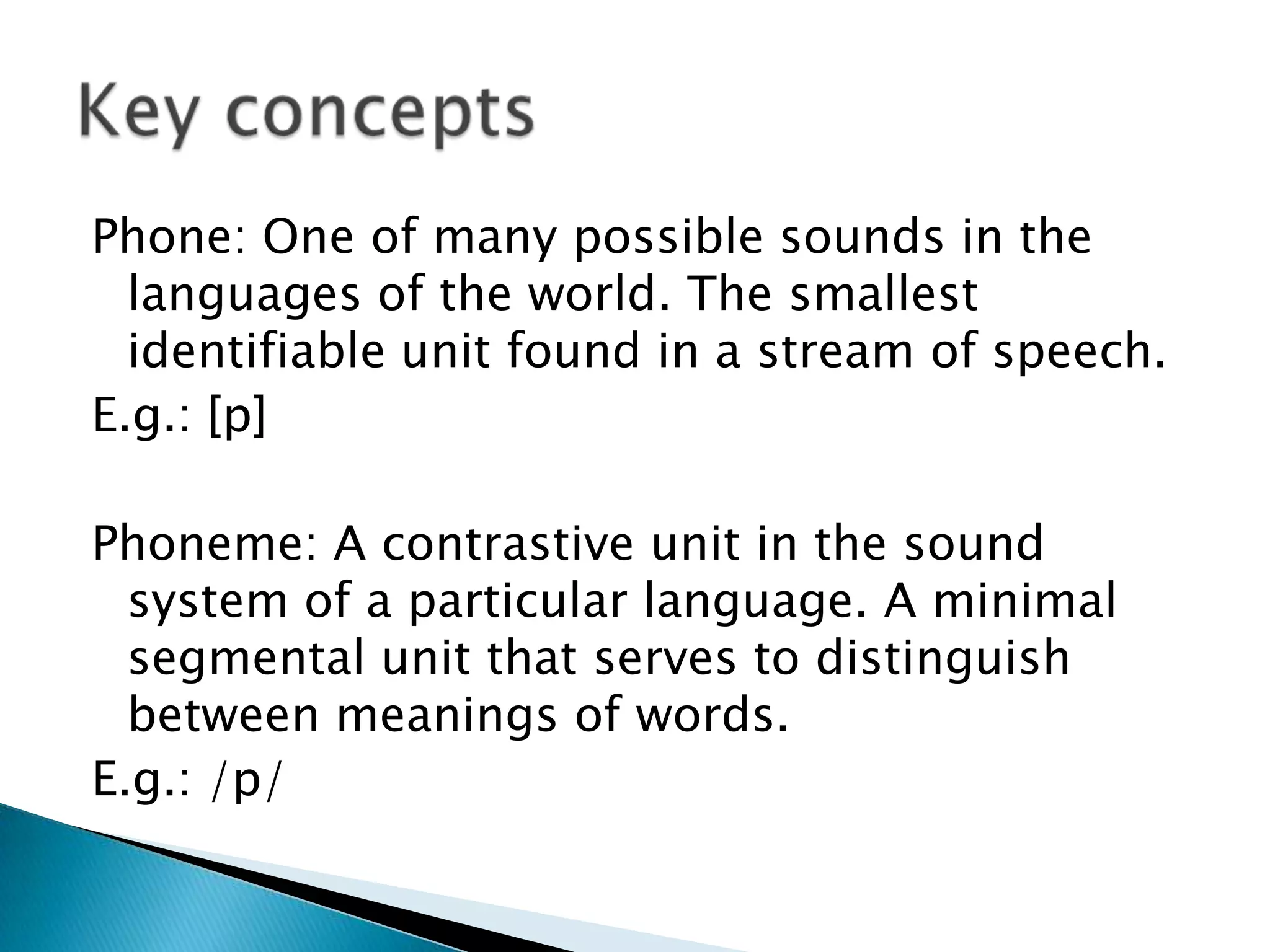Phone: One of many possible sounds in the
  languages of the world. The smallest
  identifiable unit found in a stream of speech.
E.g.: [p]

Phoneme: A contrastive unit in the sound
  system of a particular language. A minimal
  segmental unit that serves to distinguish
  between meanings of words.
E.g.: /p/
 
